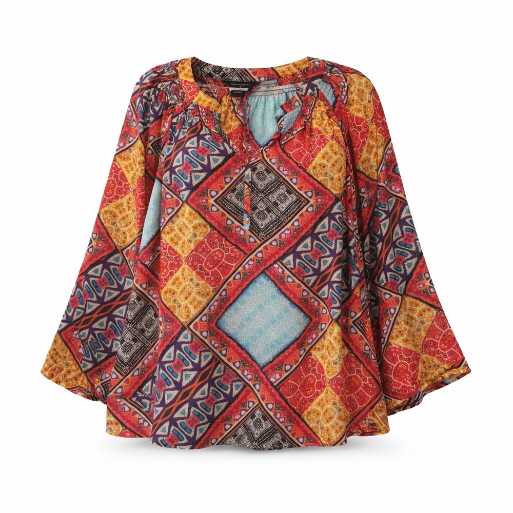 Investments‎ II Women's 2X Geometric Patchwork Smocked Long Sleeve Tunic Top